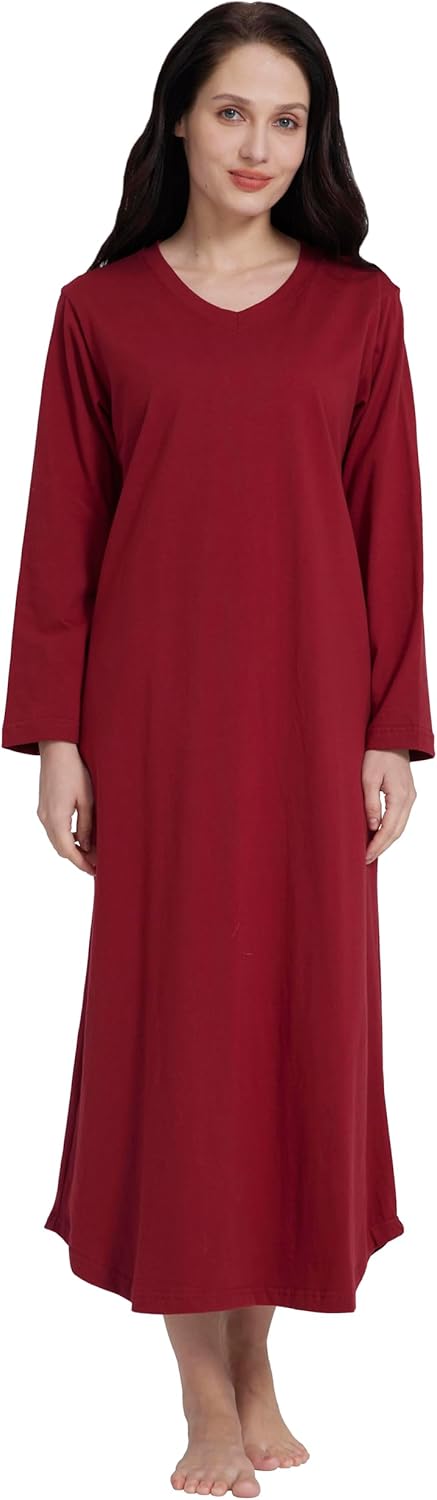 HiddenValor Womens Long Sleeve Nightgown Long Sleepshirts V Neck Sleep Dress With Pockets