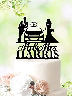 Car Wedding Cake Topper,bride and groom with car,Auto Mechanic Wedding Cake Topper With Rings,Car Silhouette Party Supplies for Birthday,Bride,Marry,Wedding,Graduate,Retirement.