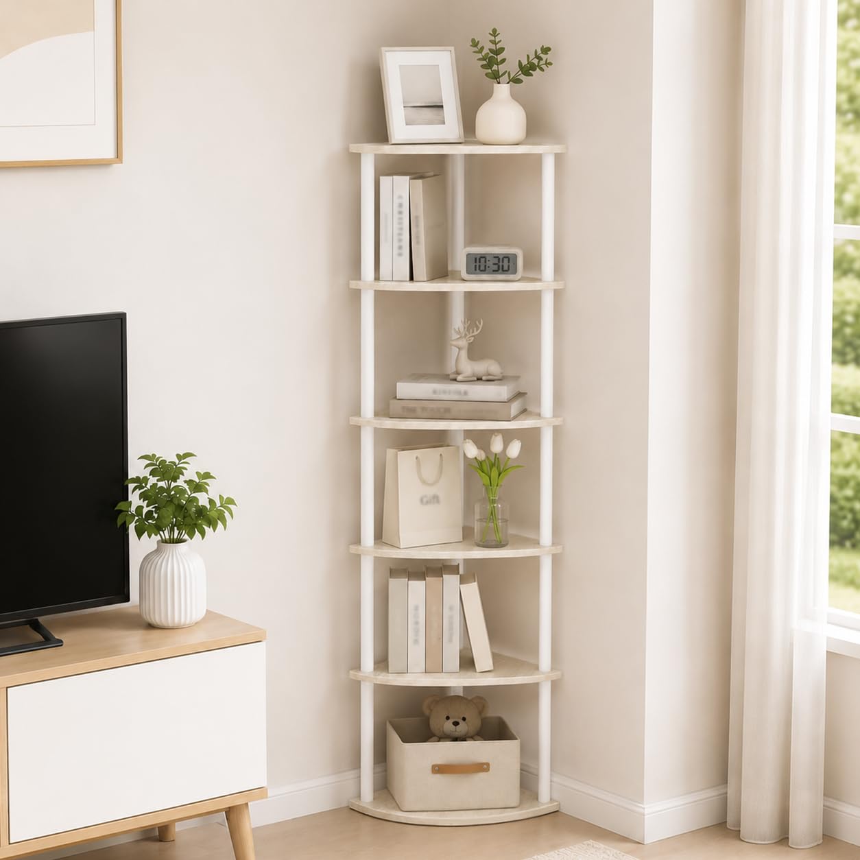 Infant Shining Corner Shelf, Freestanding Corner Display Rack, Space‑Saving Bookshelf Storage Unit, Multi‑Purpose Storage Shelving for Living Room Bedroom Home Office, Brown (6-Tier-White)