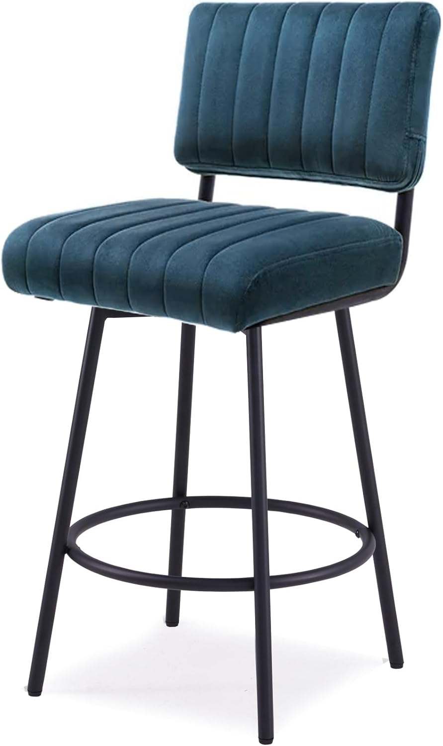 Swivel Counter Height Barstool with Back, Upholstered 26'' Counter Stool with Metal Frame, Channel Seat Back, Velvet Navy Blue