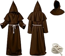 Aitsite Men's Monk Costume with Hood and Cross Necklace, Monk Robe, Prister Robe, Medieval Monk's Coat, Men's Costume for Carnival, Halloween, Cosplay