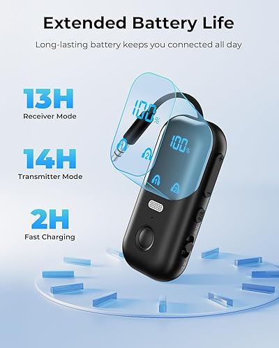 Vista 3 de Receptor transmisor Bluetooth 5.4 aptX adaptativo para 2 AirPods/auriculares, adaptador de audio Bluetooth 2 en 1 con micrófono y pantalla LED