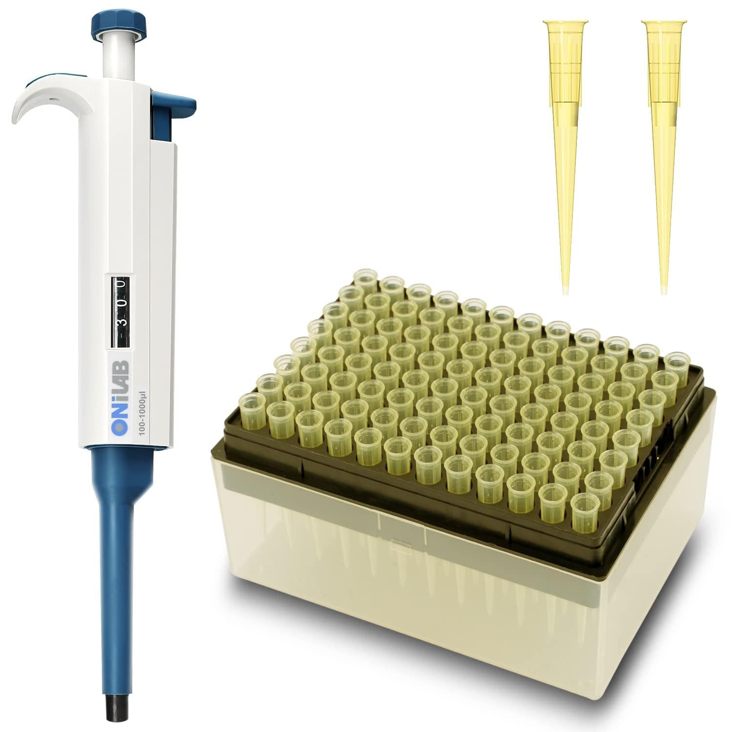 ONiLAB 5-50μl Micropipette with 100μl 96pcs/Box Pipettor Filter Tips,Single-Channel Manual Adjustable Variable Volume Pipette with Transparent Yellow Liquid Pipettor Filter Tips