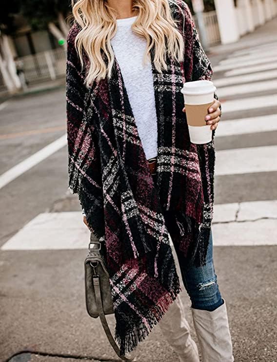 Image of Plaid Shawl Wrap for Women Boho Open Front Poncho Wrap Fall Winter