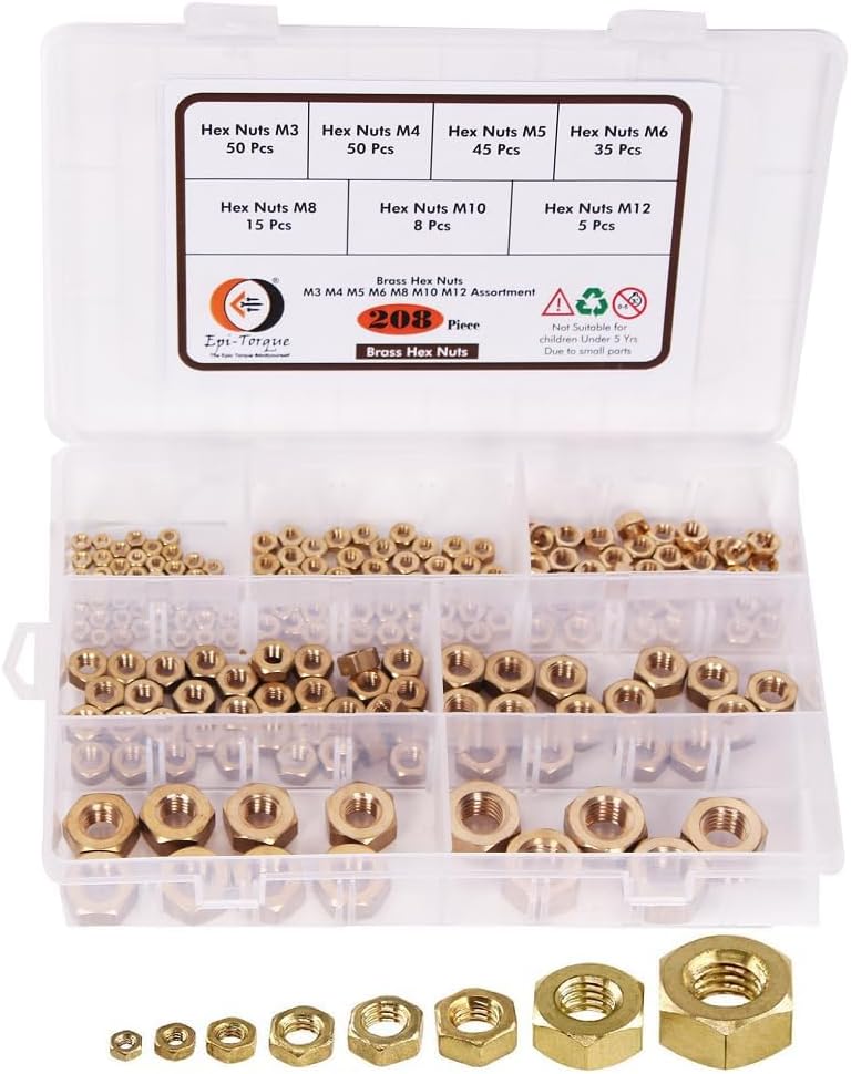 Epi-Torque High Strength Brass Hex Nuts7 Sizes M3, M4, M5, M6, M8, M10, M12 Assortment Pack of 208 Pcs In Plastic Storage Box