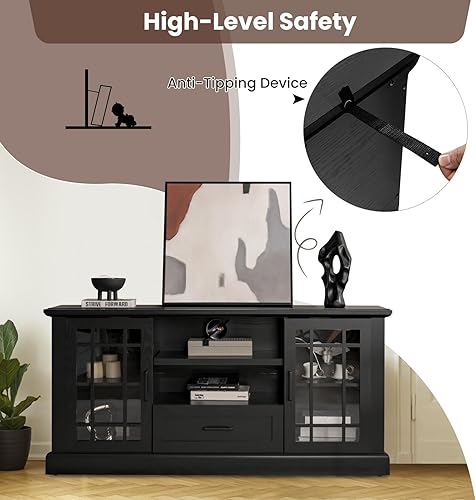 Miniatura 8 de LOKO Armario de TV de 62 pulgadas, mesa consola multimedia con 2 armarios y cajones de puerta de cristal, para televisores de hasta 70 pulgadas,