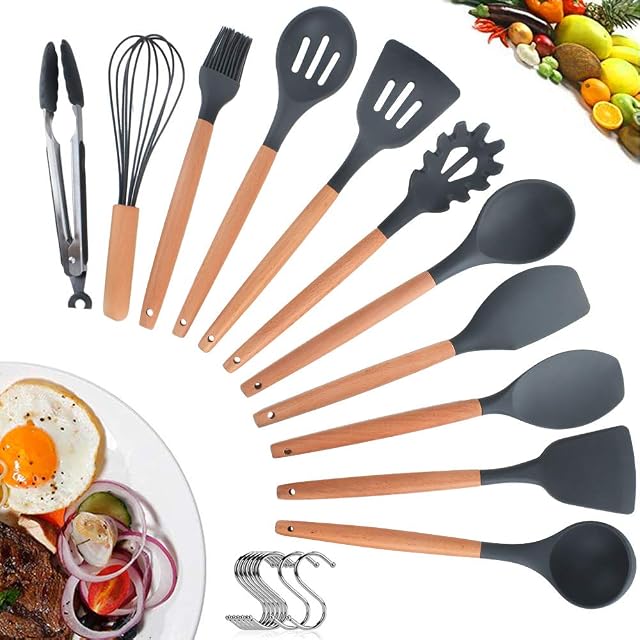 Kitchen Utensil Set Silicone Cooking Utensils - 11Pcs Cooking Spatula Turner Heat Resistant Tools with Wooden Handle for Nonstick Non Scratch Cookware - Best Kitchen Tool Gadgets with Holder.