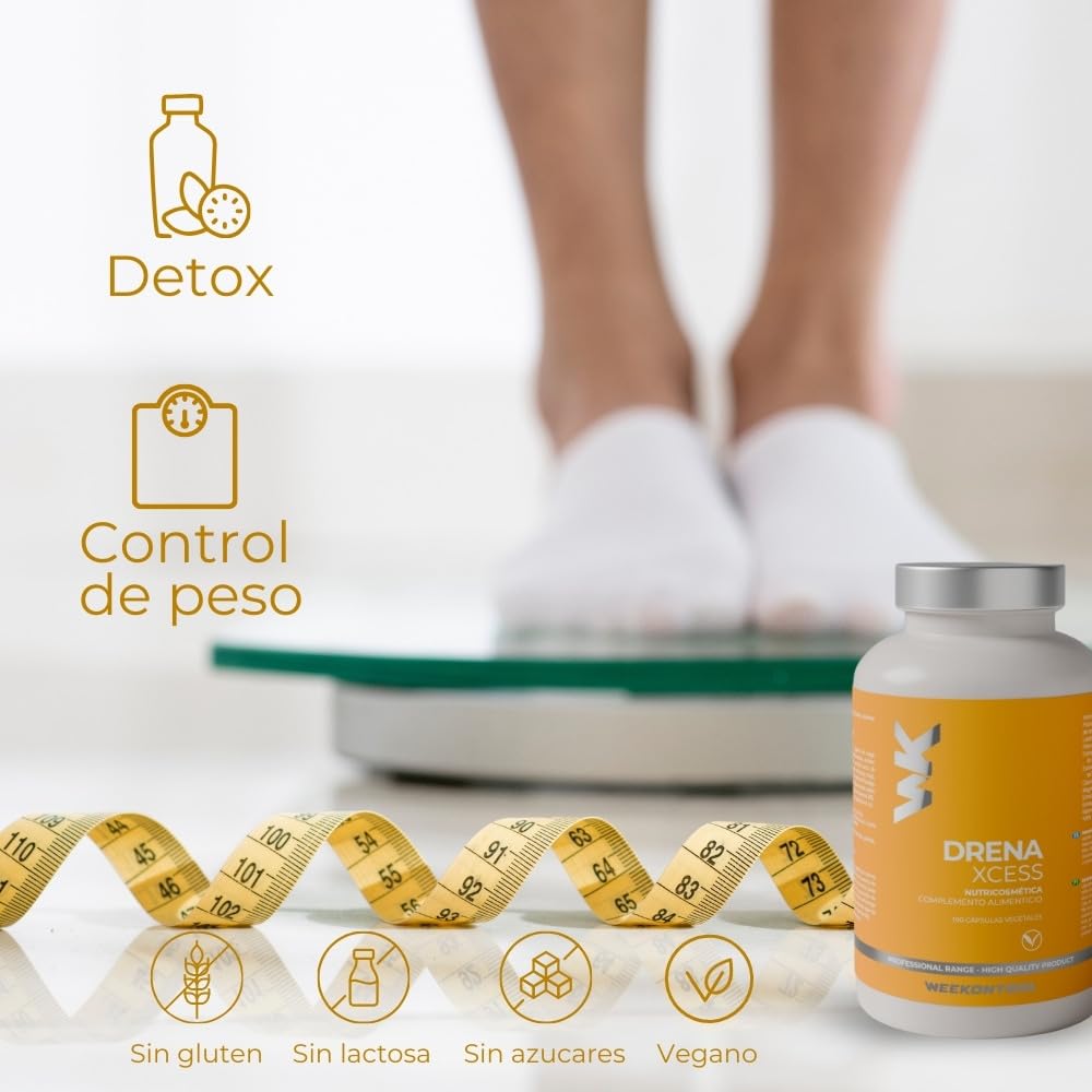 Drena Xcess Anticelulítico, Drenante, Détox para la Retención de Líquidos con Alcachofa, Vinagre de Manzana, Pimienta Negra y Vitamina b6. Diurético para Control de Peso y Piernas Cansadas