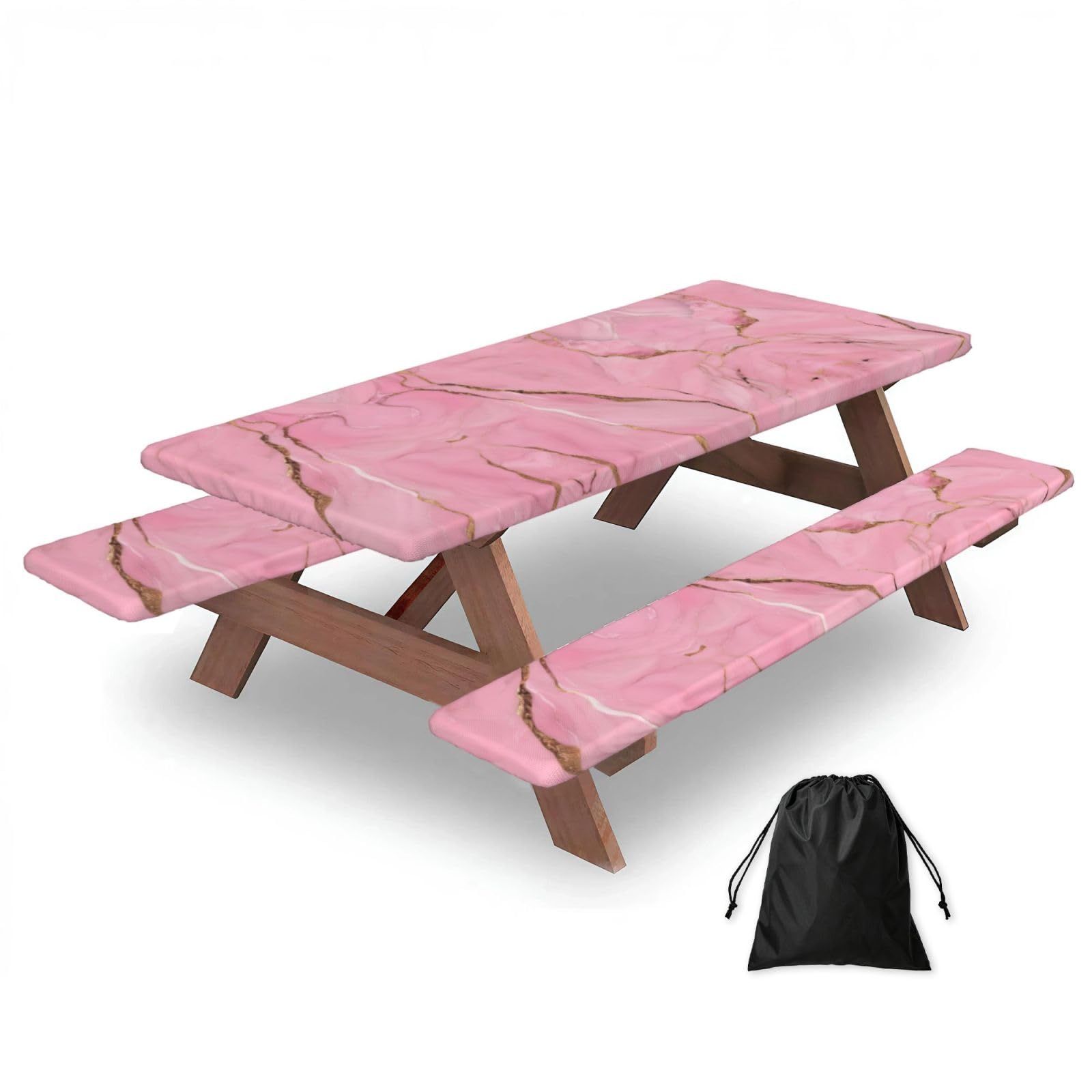 Zyjhyy Black Pink Marble Texture Print 3 Pack Wipeable Picnic Bench Cover And Table Cover Lightweight Table Cloth For Camping Outdoor
