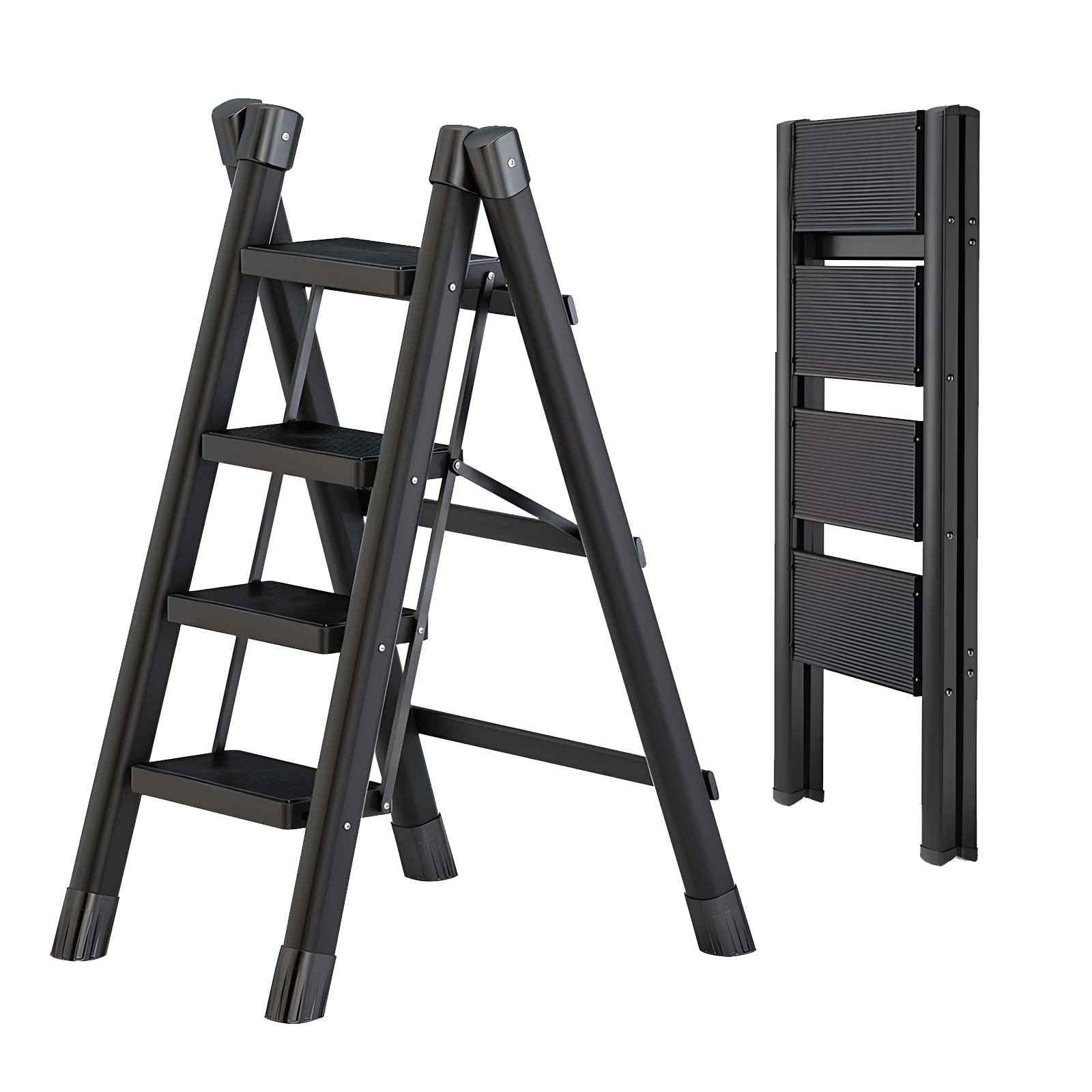 NBLE4 Step Ladder, Multipurpose Folding Steel Stool with Wide Anti-Slip Pedal, Lightweight Portable Stepladder for Home Kitchen Library Office,150 KG Capacity