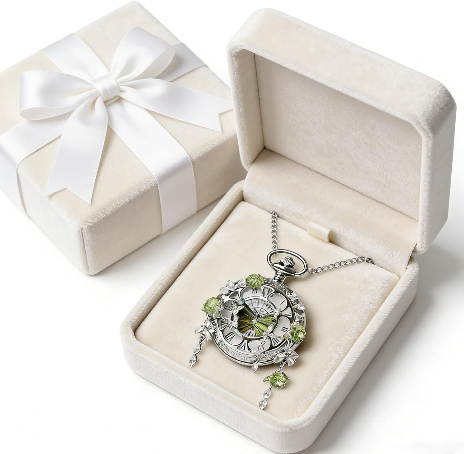 Vintage Butterfly Floral Pocket Watch Necklace Luxurious Silver Crystal Pendant for Women