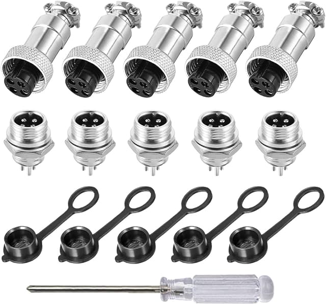 Aiqeer 5 Pcs 4-Pin GX12 Aviation Connector, 12 mm Thread Panel Metal Aviation Cable Connector, 5A Male Female Aviation Connector Plug Socket Kit, with Rubber Cap and Phillips Screwdriver