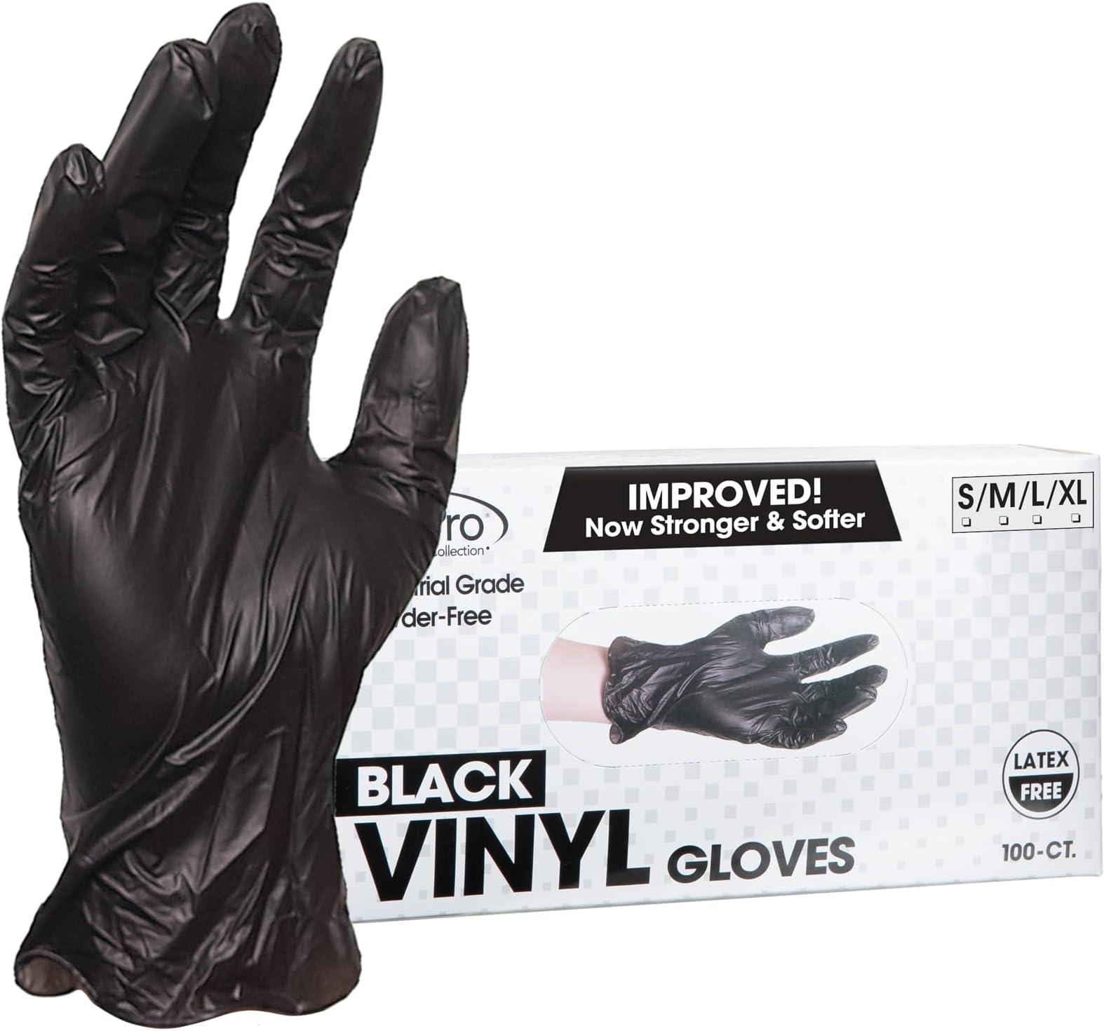 ForPro Professional Collection Disposable Vinyl Gloves, Black, Industrial Grade, Powder-Free, Latex-Free, Non-Sterile, Food Safe, 2.75 Mil. Palm, 3.9 Mil. Fingers, Medium, 100-Count