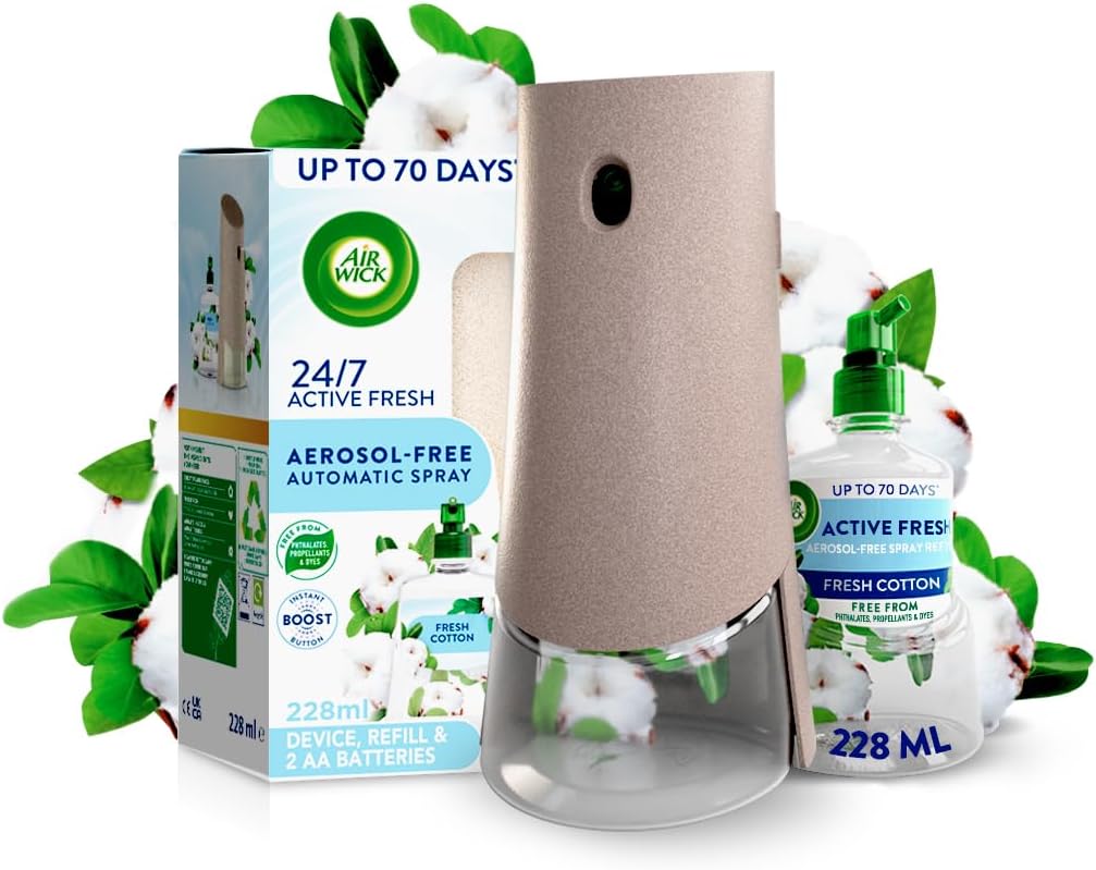 Air Wick Aerosol-Free Automatic Air Freshener Spray Kit, Fresh Cotton, 1 Gadget & 1 Refill (228ml), 24x7 Active Fresh Odour Neutraliser, Lasts Up to 70 Days, Air freshener for Home