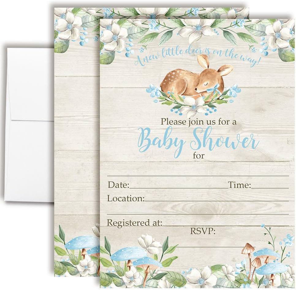 Little Deer Woodland Watercolor Floral Baby Shower Invitations for Boys, 20 5x7 Fill In Cards with Twenty White Envelopes by AmandaCreation