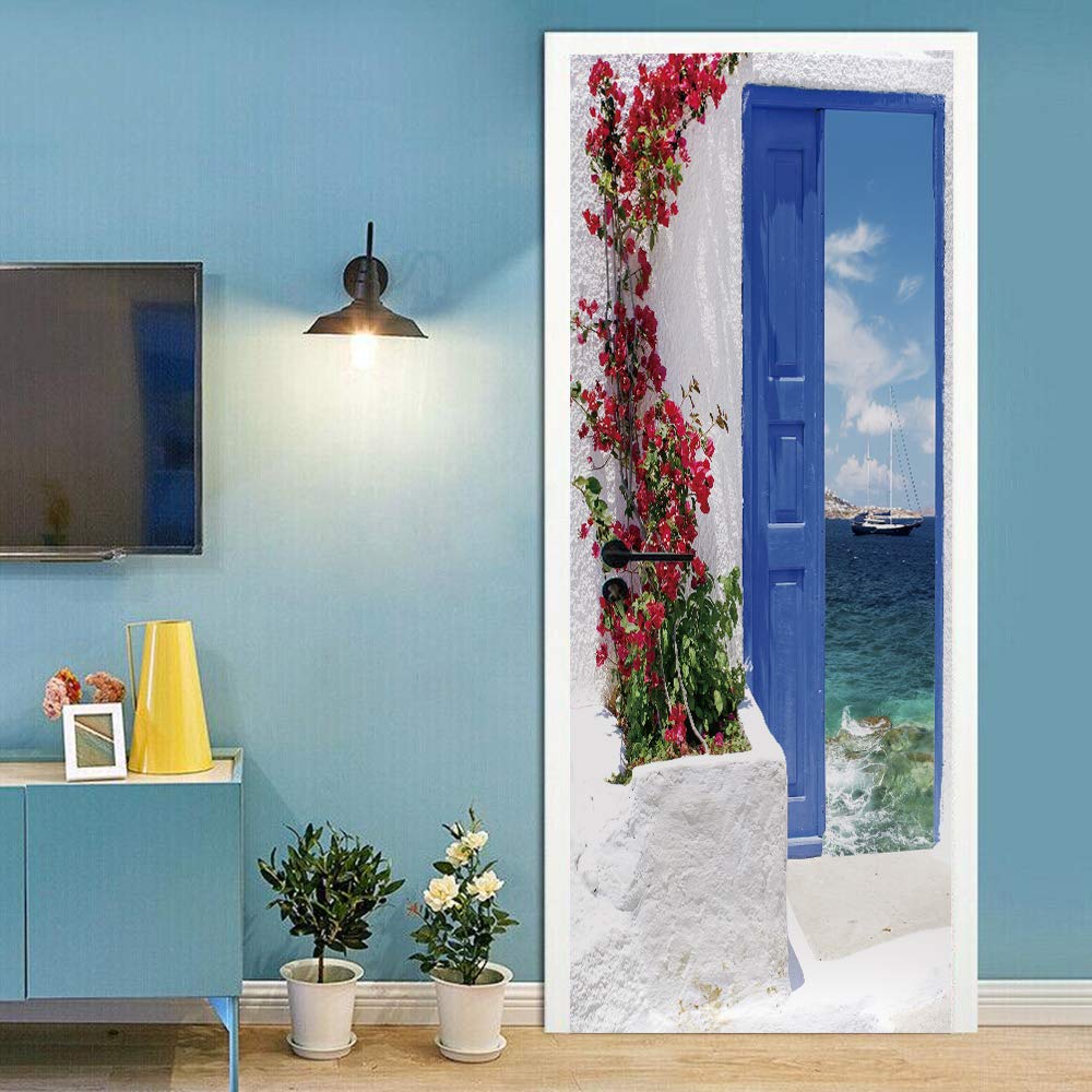 Sticker de porte trompe l'oeil mer et vigne fleurie papier peint amovible 88x200cm