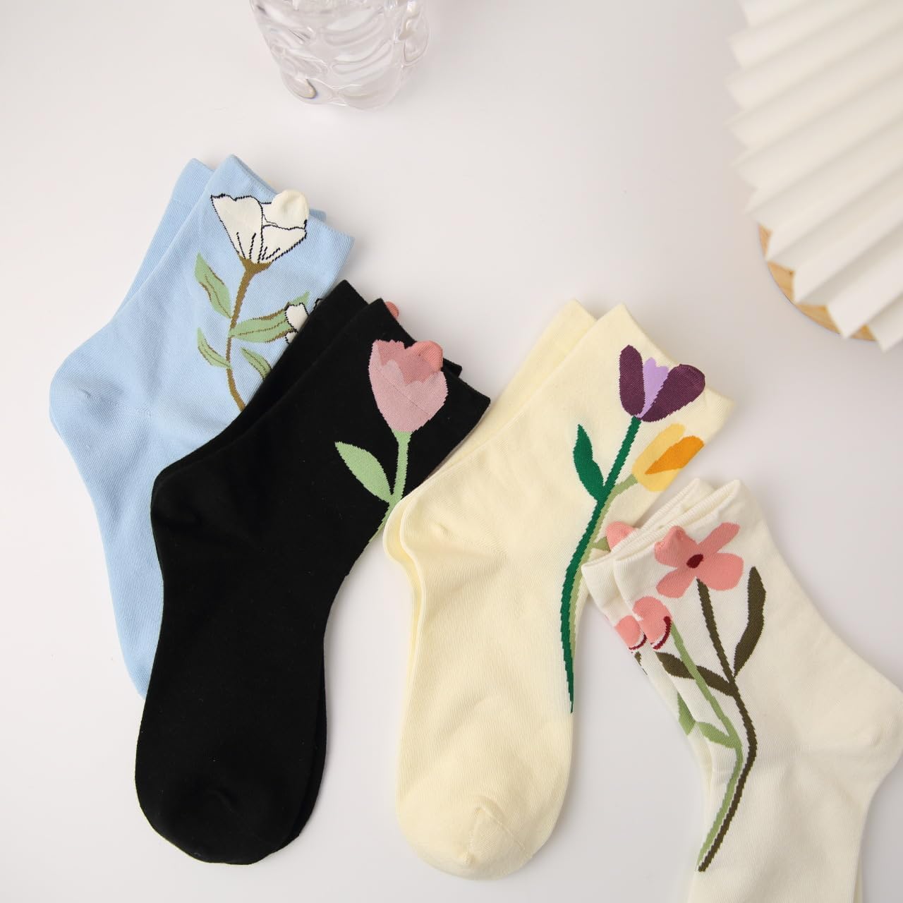 MarJunSep Cute Floral Crew Socks for Women Teen Girls Flower Cottagecore Frilly Vintage Fancy Cotton Socks - Image 8