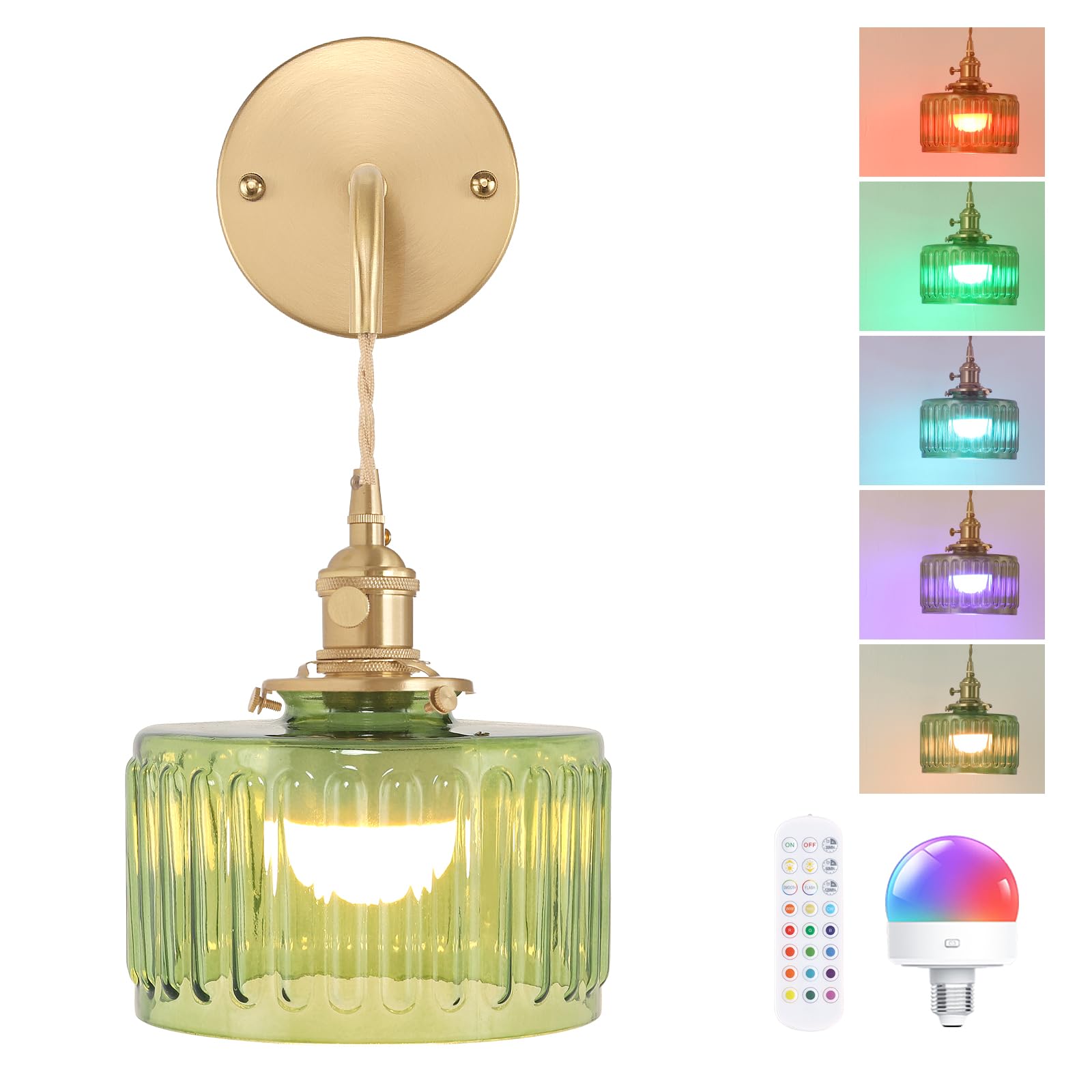 Shenmoyl Battery Operated Wall Light, Rechargeable Wall Lamp Indoor with Adjustable Cord, Vintage Wall Sconce Decor for Bedside Living Room Bedroom Bathroom, Z-Striped Green