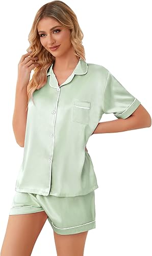 Miniatura 6 de Schbbbta Pijama de satén sedoso para niñas y mujeres, 2 piezas, ropa de dormir con botones, regalo para mamá y para mí