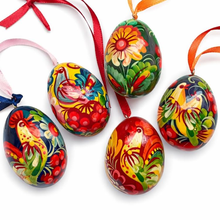 Traditionelle Osterdeko Set 5 Mini Ostereier 4 cm Holz handbemalte Petrykiwka Kunst Osteranhänger rustikale Osterschmuck zum Aufhängen