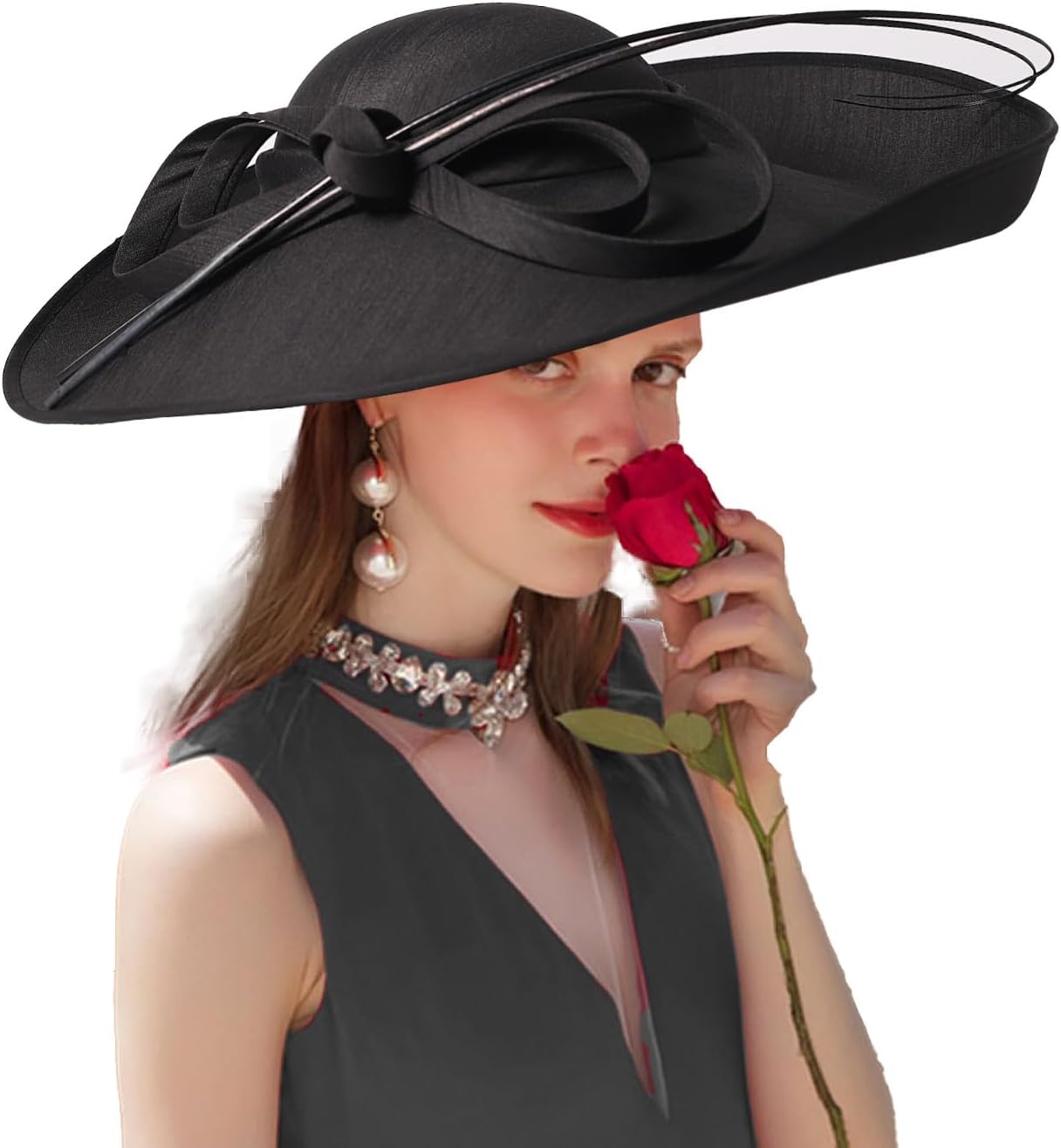 Big Wide Brim Fascinator Hats for Women Ladies Kentucky Tea Party Dress Flat Top Fedoras Hat with Bow Feather
