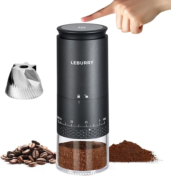 Leburry Portable Coffee Grinder – Rechargeable Espresso Coffee Grinder with Stainless Steel Burr Mill for Travel, Camping – Black Cordless Electric Small Grinders with 38 Adjustable Grind Settings