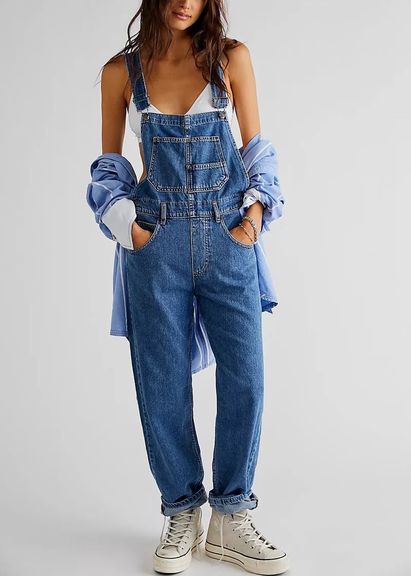 Salopette Donna Jeans in Denim Oversize, Pantaloni Lunghi con Spalline Regolabili e Tasche, Tinta Unita, Stile Casual per Tempo Libero e Lavoro