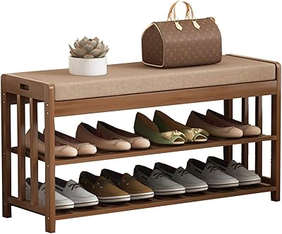 Banc à Chaussures En Bambou Avec Siège Rembourré - Organisateur D'Entrée Pour 4 à 8 Paires - 50/70x32x45 Cm