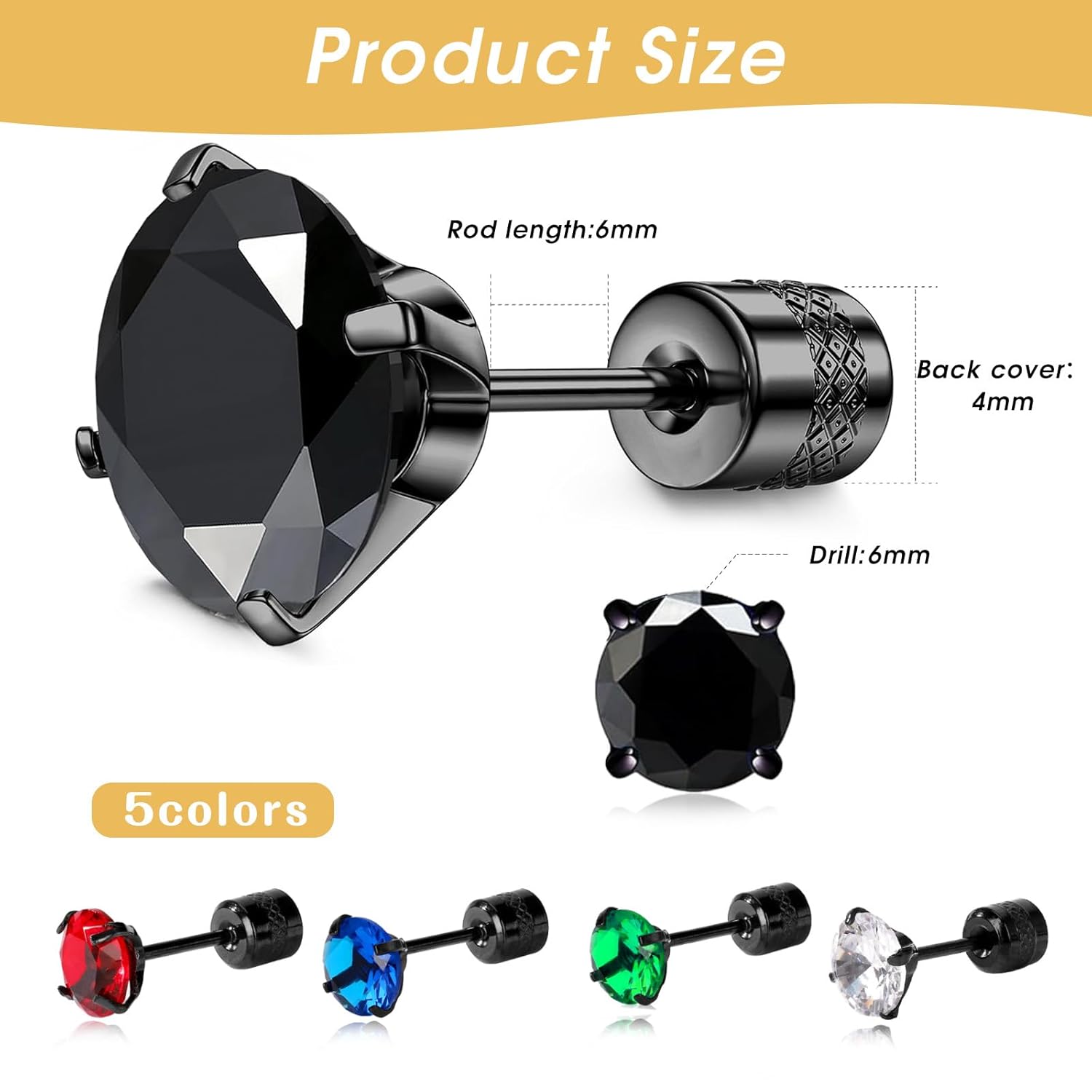 Titanium Screw Back Surgical Stainless Steel Stud Earrings for Women Men,Hypoallergenic Screw Flat Back CZ Studs Double Side Titanium Screw Back Piercing Sleeper Earrings(6MM, Silver Rainbow) - Image 2