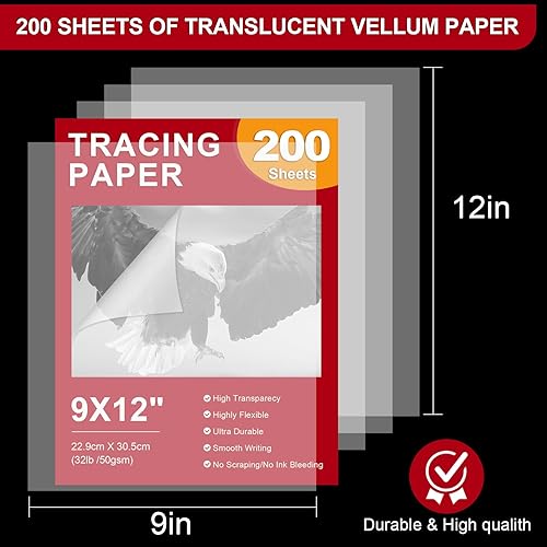 Miniatura 2 de PTRBTY&HISDE Papel de calco de 9 x 12 pulgadas, tamaño A4, 200 hojas (32 libras1.76 ozm), papel de vitela transparente para almohadillas de rastreo,