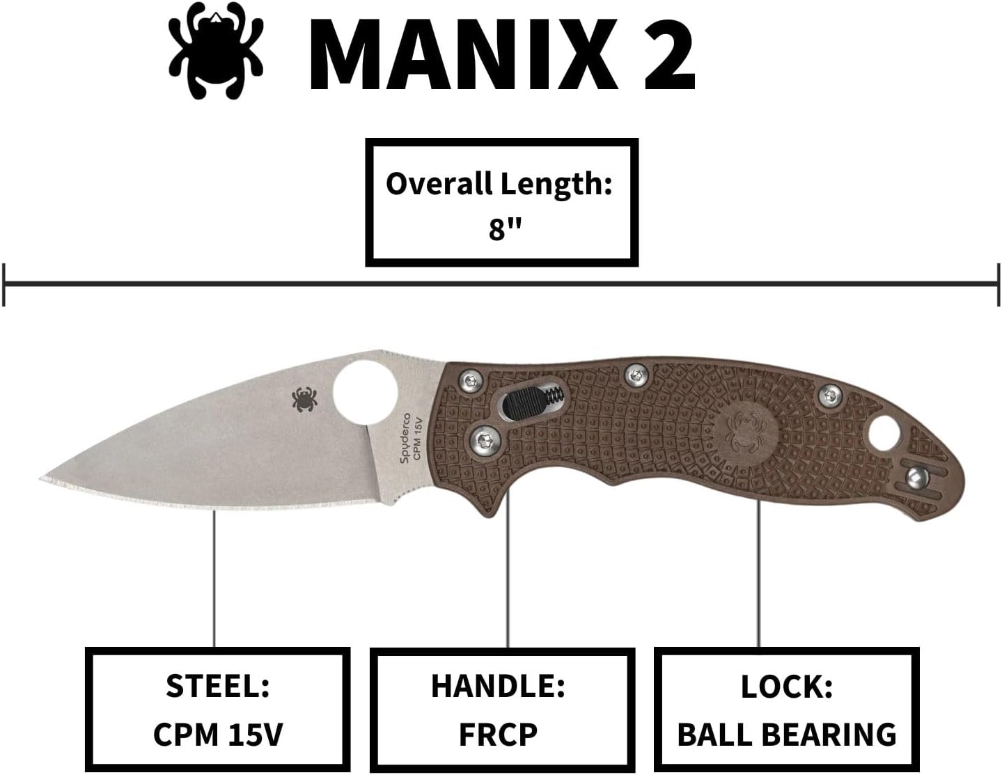 Spyderco Manix 2 Lightweight Sprint Run Folding Pocket Knife with 3.3" CPM 15V Steel Blade and FRCP Handle - EDC Knife for Men and Women, Perfect for Hunting, Tactical - PlainEdge - C101PBN15V2