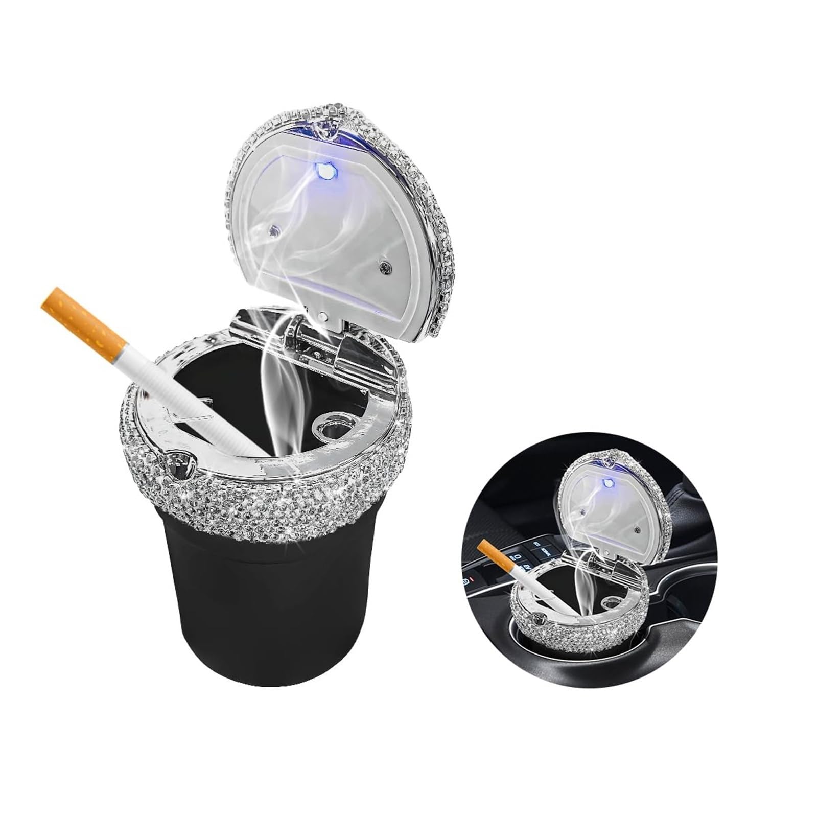 Bling Portable Ash Tray Cup Holder With LED Light Indicator, Car Ashtray With Lid, Sparkle Cigarette Smokeless Cylinder Ash Holder(Black)