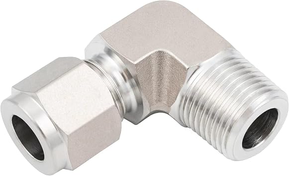 Stainless Steel 316L Forged Compression Tube Fitting, 90 Degree Male Elbow with Double Ferrules, 3/8" OD 9/16-20UN x 1/4" NPT Male, 1pc