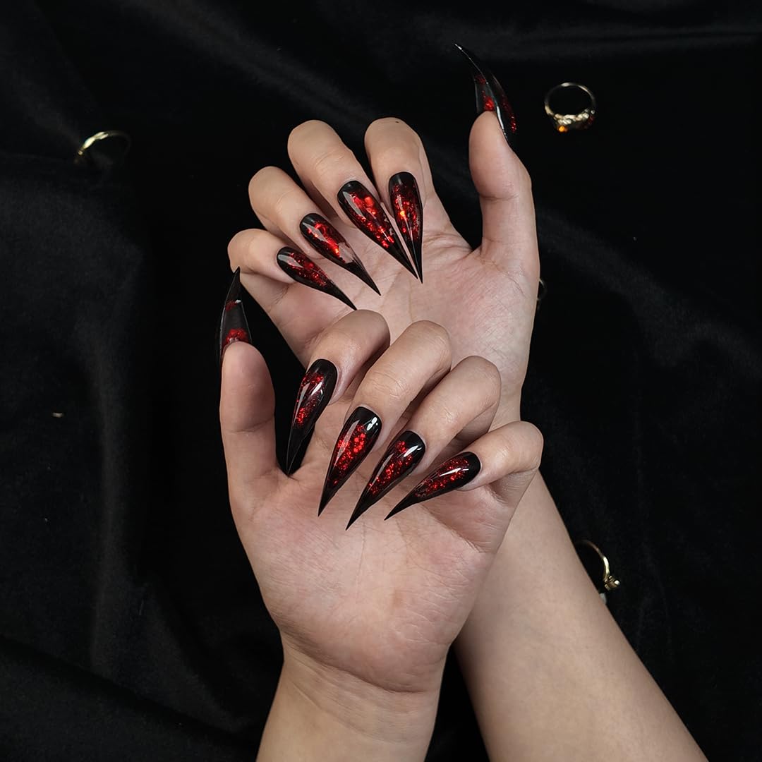 POPSOUL Cat Claw Press On Nails, Smoky Black Gradient Dragon Claw with Red Holographic Glitter Vortex, Stiletto Dramatic Fake Nails Art Set for Vampire Halloween, Gothic Cosplay, Emo Rock Party