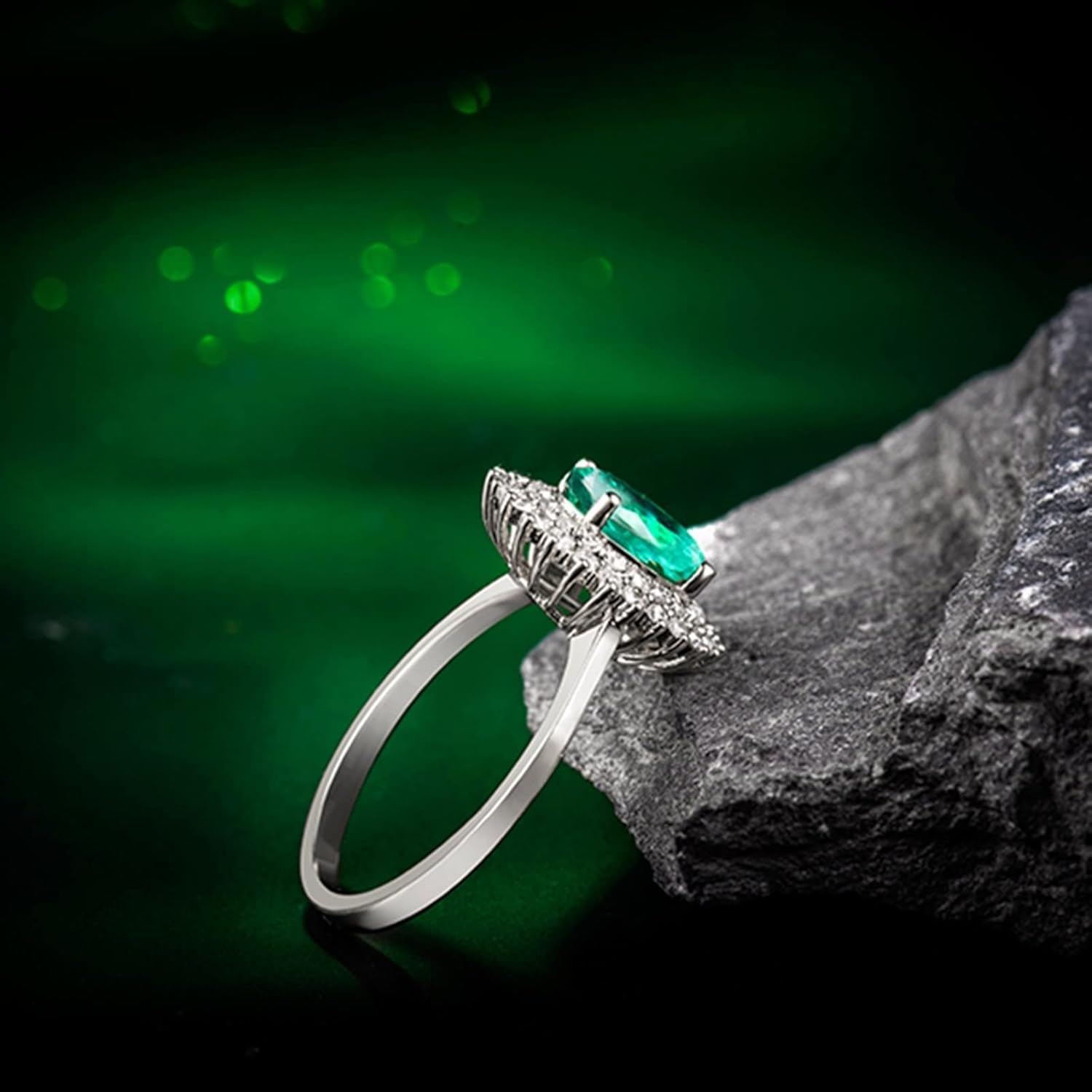 Engagement Ring 18K White Gold, Wedding Band Rings 1.16ct Oval Emerald with 0.31ct Diamond Ring Proposal Gift for Women
