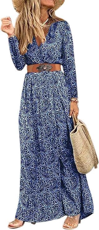 MessBebe Damen Boho Blumendruck Maxi Kleid V-Ausschnitt Langarm High Taille Sommerkleid Herbst mit Gürtel Blau M