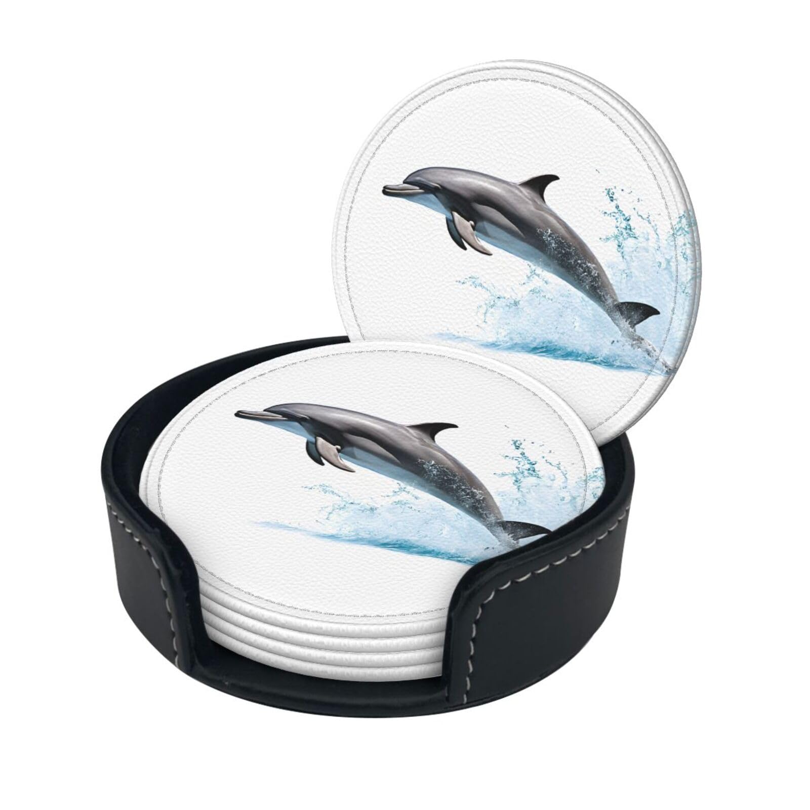 Dolphin Print Print Coaster,Round Leather Coasters with Storage Box for Wine Mugs,Cold Drinks and Cups Tabletop Protection (6 Piece)