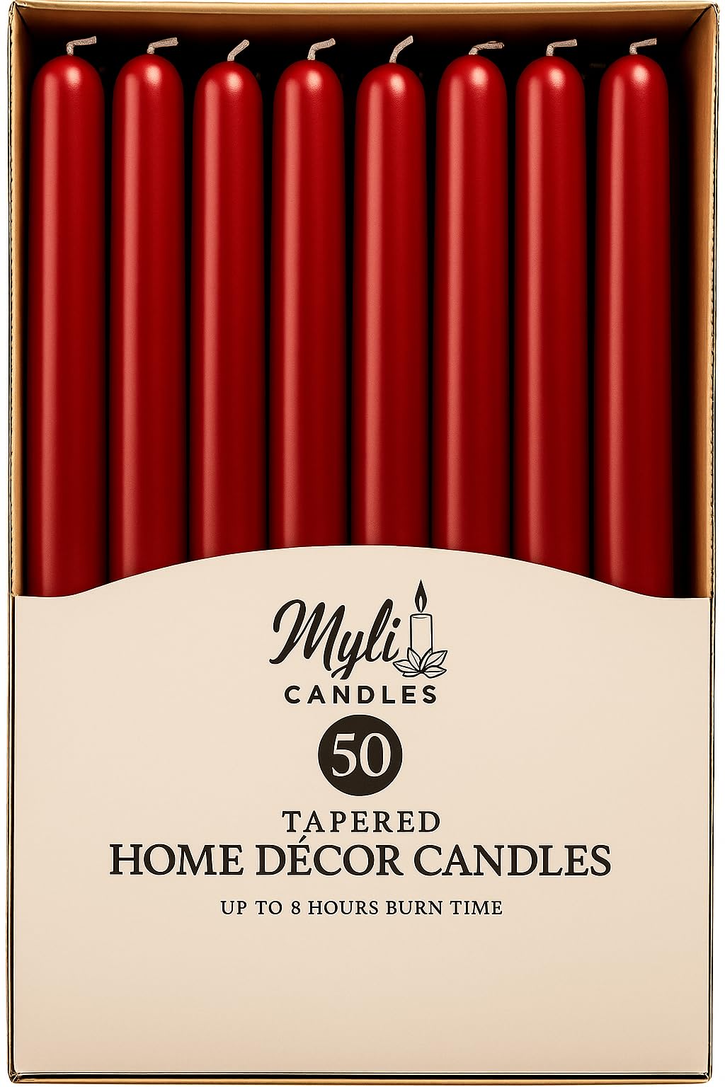 MyLight 10-Inch Taper Candles Unscented Wax Pack of 50-8 Hour Burn Time Sleek Tall Candles for Home Decor, Christmas Celebrations & Dining (50, Red)