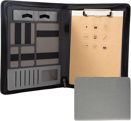 Portafolio Portafolio con cremallera y portapapeles - Organizador de cuero para negocios - Portafolio con cremallera para mujeres y hombres (sin