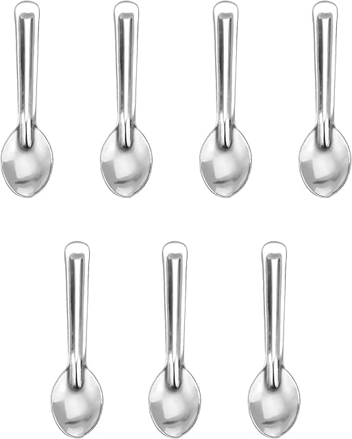 7PC Spice Spoons Mini Masala Dabba Indian Spice Tin Container Spoons Scoops Stainless Steel Small Mini Salt Sugar Honey Loose Leaf Tea Coffee Seasoning Herb Condiments Spoons (DESIGN C - Lined 8.5cm)