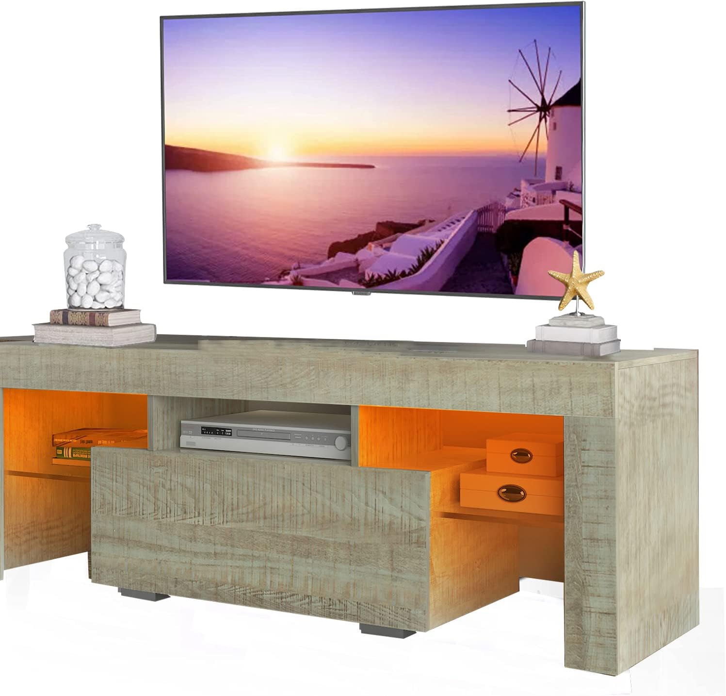 HOUAGI Modern TV Stand for TVs Up to 70'',TV Console Table with Storage Cabinet and LED Lights,TV Entertainment Center for Living Room,Bedroom,White