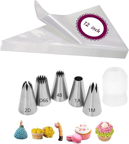 1M 2D 1A 4B D66 Puntas y bolsas con acoplador, 5 puntas de glaseado grandes para rosetas, volteador de gotas, macarrones, churros, eclairs, 20