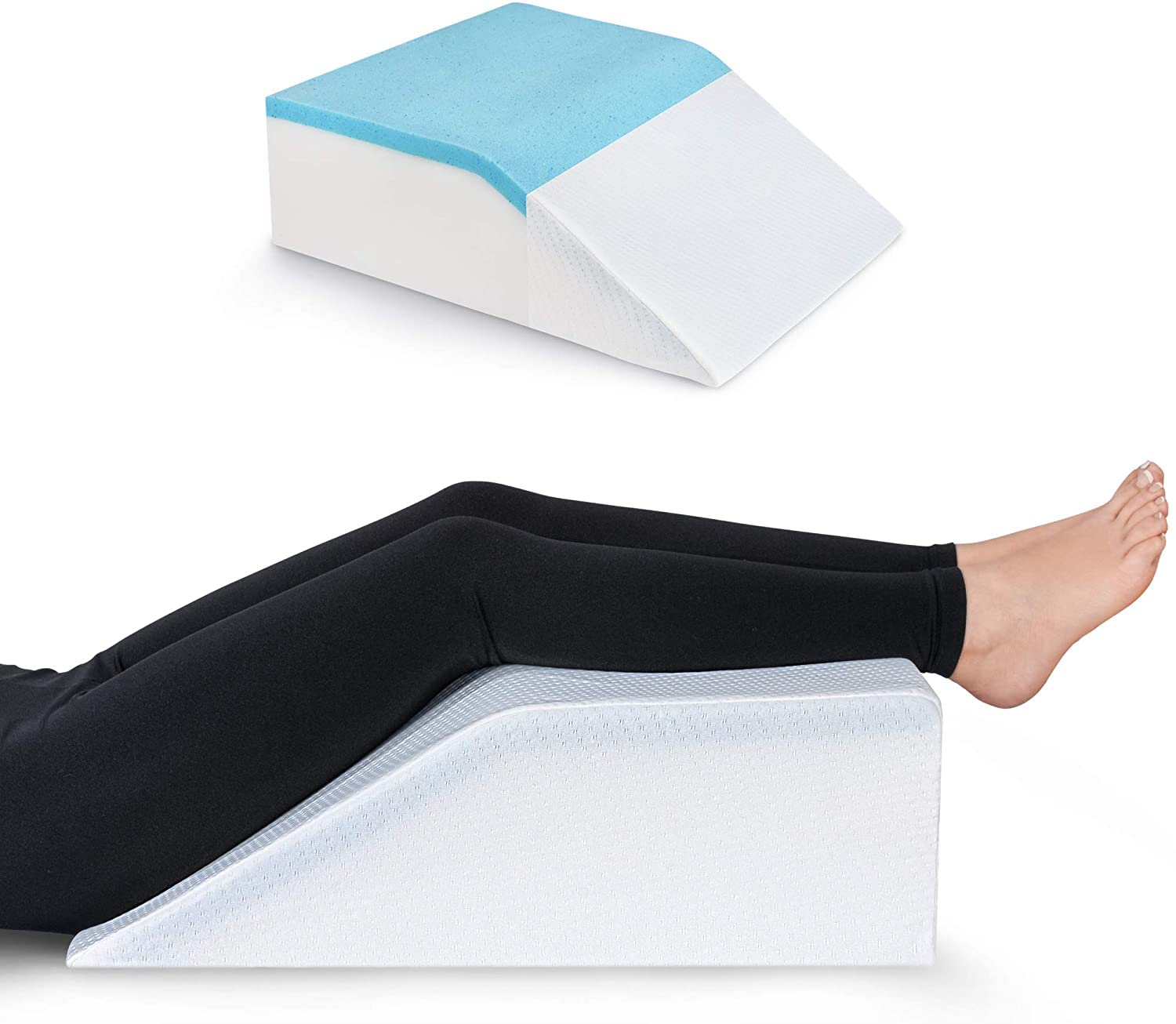 leg elevation pillow with memory foam & cooling gel and leg pillow cover bundle - elevating foam wedge leg rest - relieves leg pain, hip, and knee pain, improves blood circulation, reduces swelling