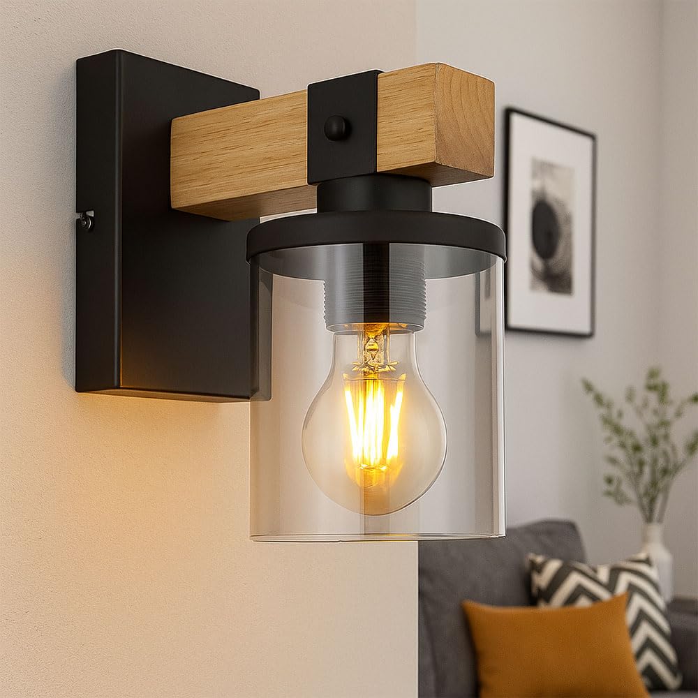 GLOBO Wandleuchte Retro Wandlampe Treppenhausleuchte Flurlampe Holz Wohnzimmerlampe, 1x E27, BxH 10x22,5 cm