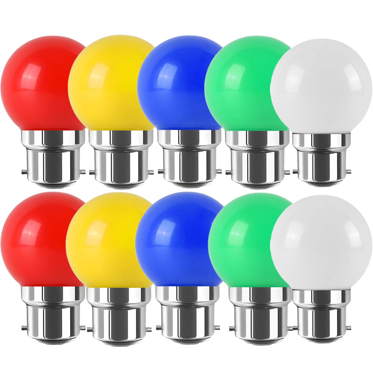 WULUN B22 Bayonet Coloured LED Bulbs, G45 Mini Globe Bulb, 2W Equivalent to 20W Halogen Lights, for Outdoor Indoor, Wedding, Christmas, Party, Red Yellow Blue Green Cool White, 10 Pcs