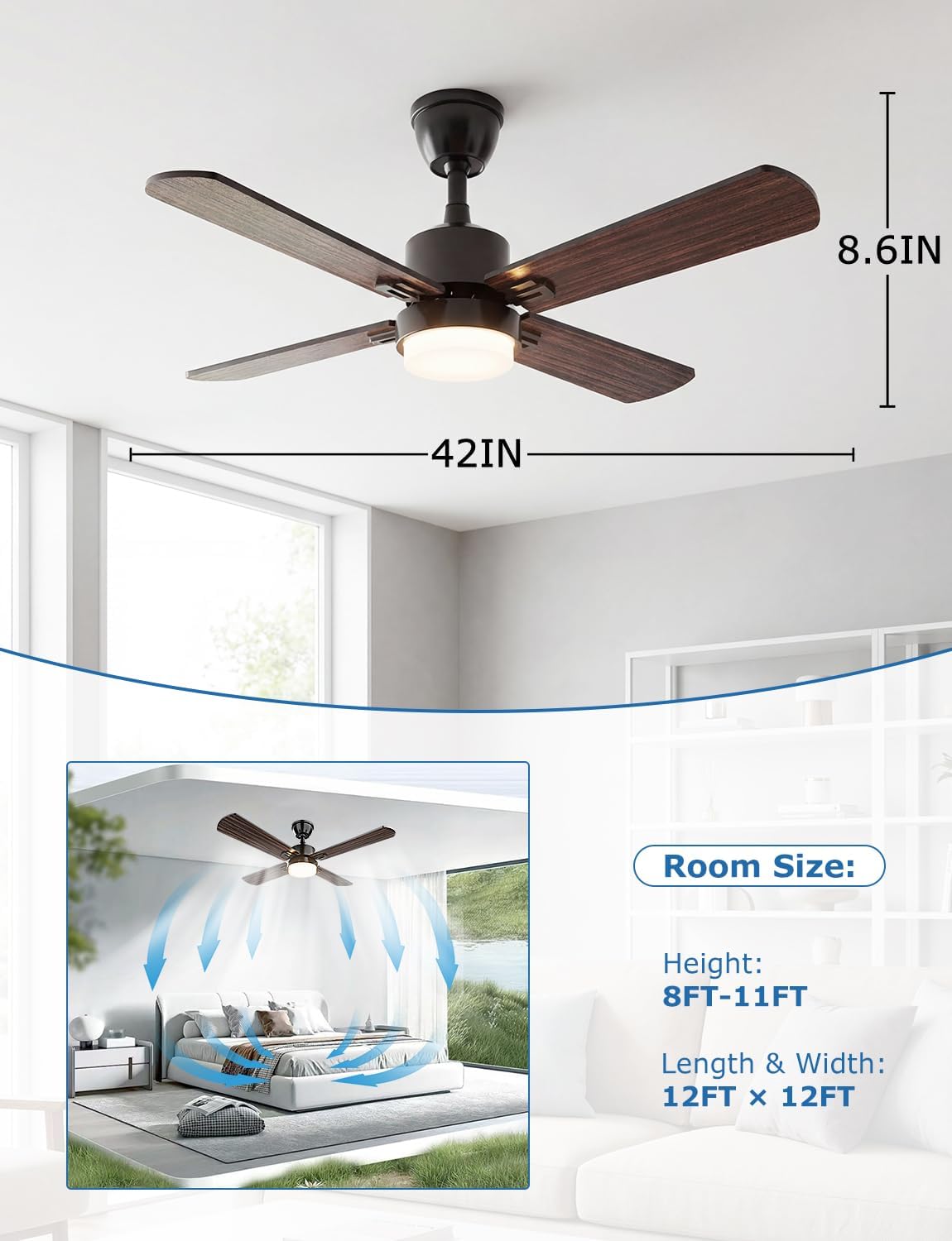 42-Inch Ceiling Fans with Lights and Remote, Quiet Reversible Motor, Flush Mount Ceiling Fan with 6 Speeds Remote Control, Dimmable LED 3CCT, Modern Ceiling Fans for Bedroom Living Room