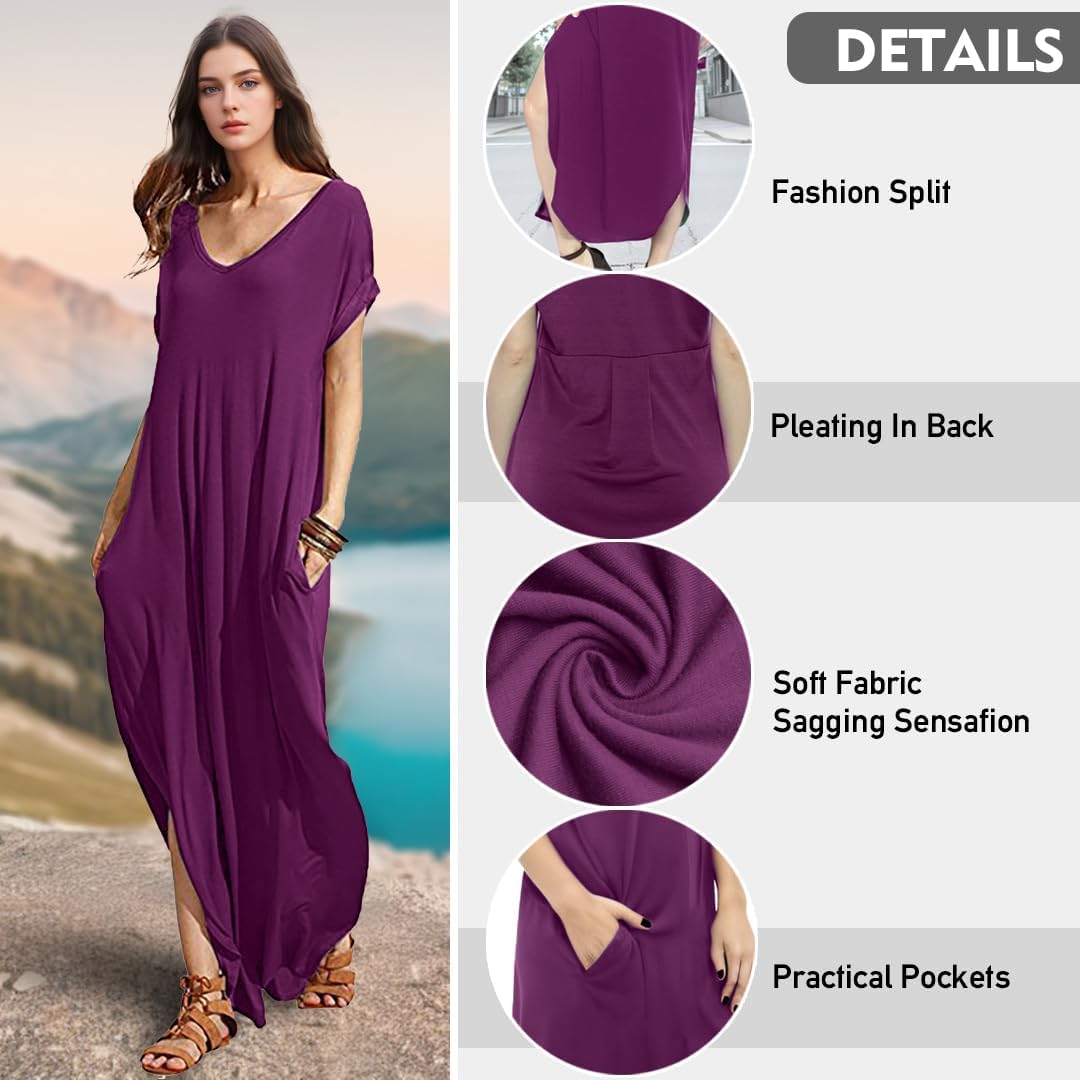 Match Women's V-Neck Casual Loose Short Sleeve Long T-Shirt Dress Split Maxi Dress with Side Pocket - Image 4