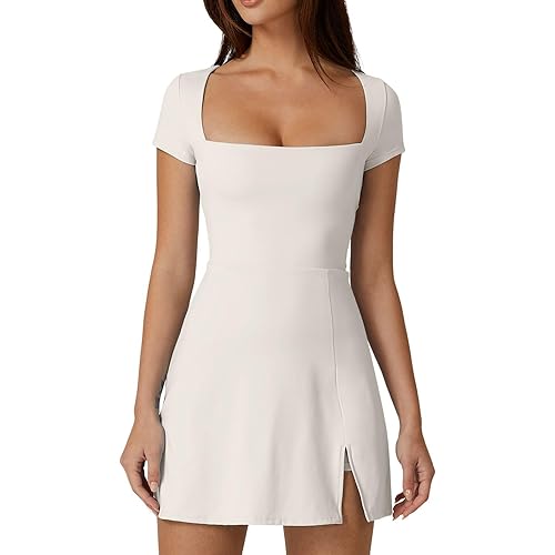 QINSEN Womens Square Neck Tennis Dress Short Sleeve Built in Shorts Golf Athletic Dress with Pockets