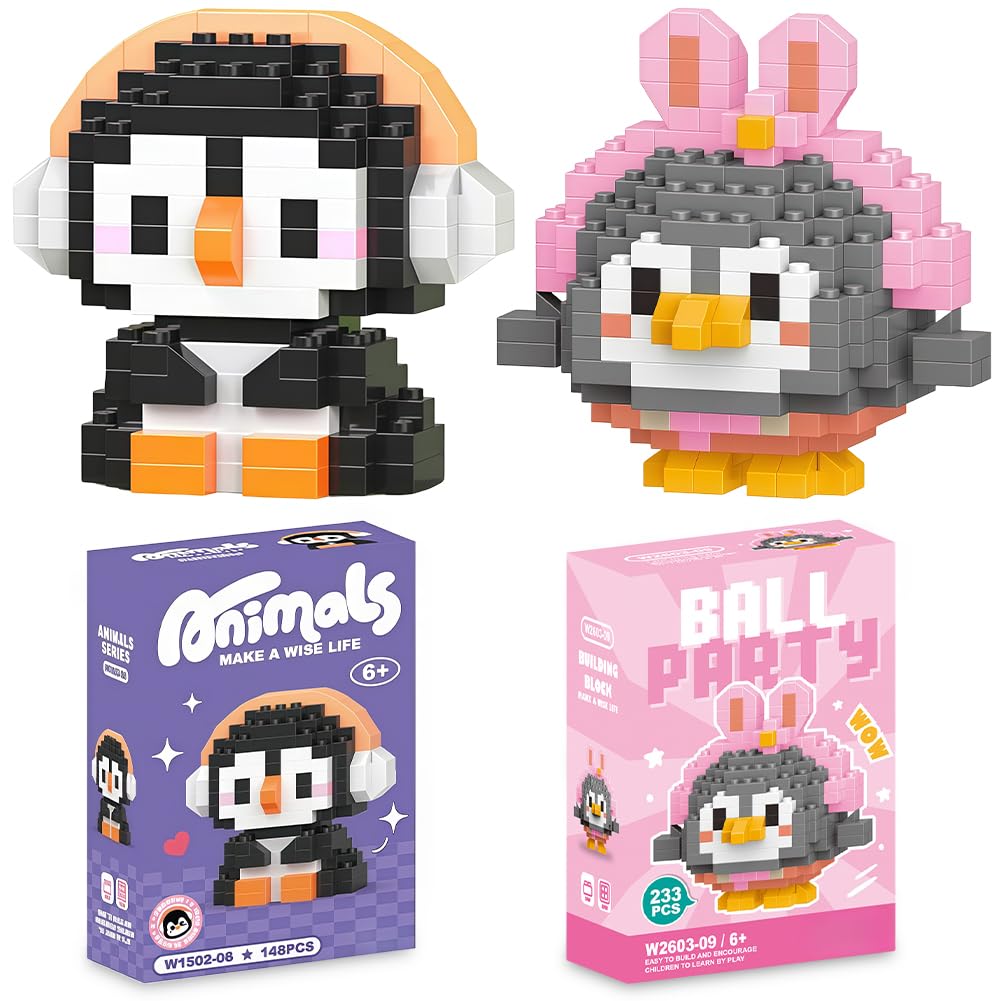 Penguin Building Blocks Set, 2PCS Penguin Blocks 3D Puzzle Brick Toys Mini Animal Buildings Block Set DIY Building Figures Ornaments Micro Construction Buildings Bricks Gifts for Festival, Birthday