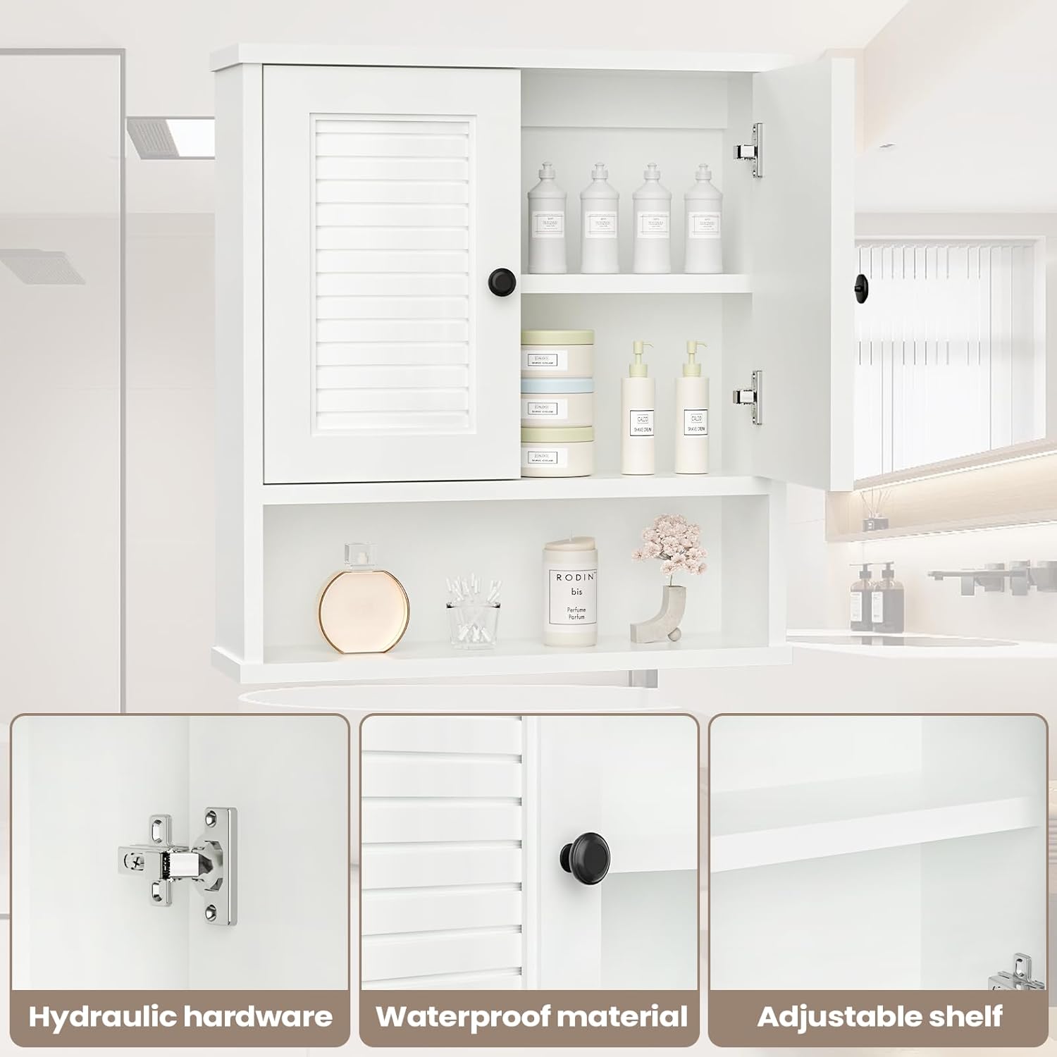 WPC Bathroom Cabinet Wall Mounted,Over Toilet Storage Organizer Adjustable Shelves,Suitable for Bathrooms,White
